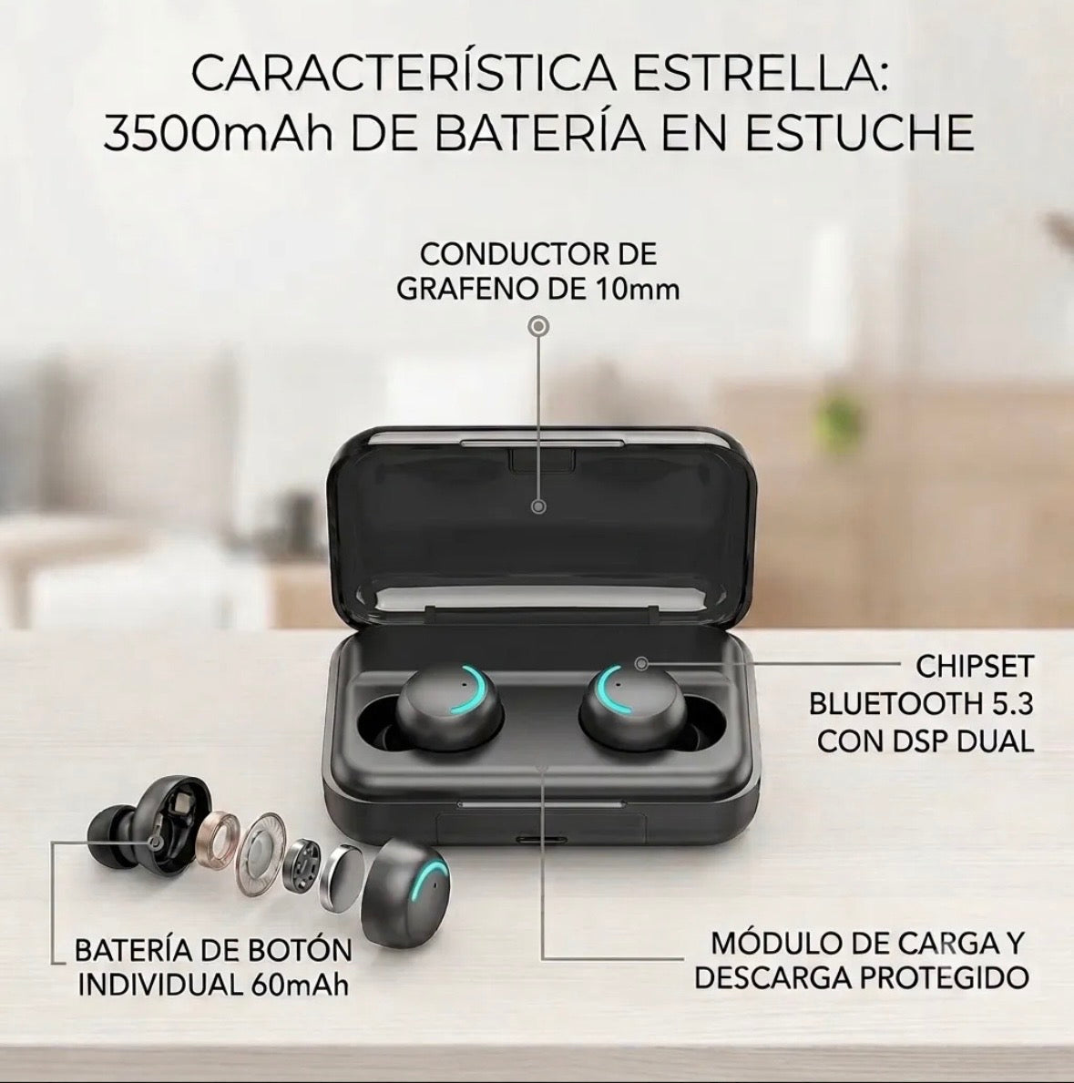 Especificaciones técnicas: 3500mAh, grafeno 10mm, Bluetooth 5.3