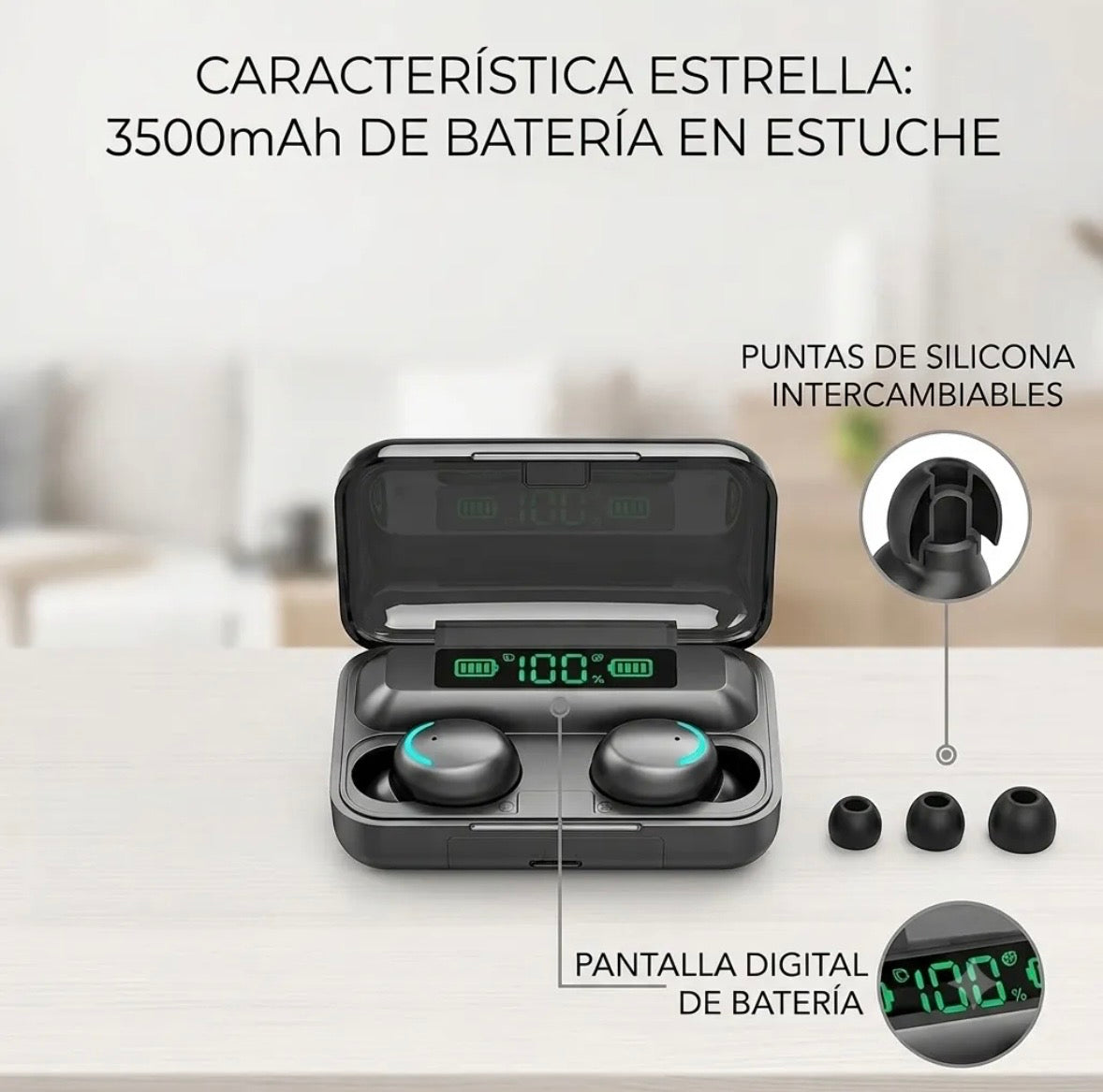 Puntas de silicona intercambiables y pantalla digital de batería